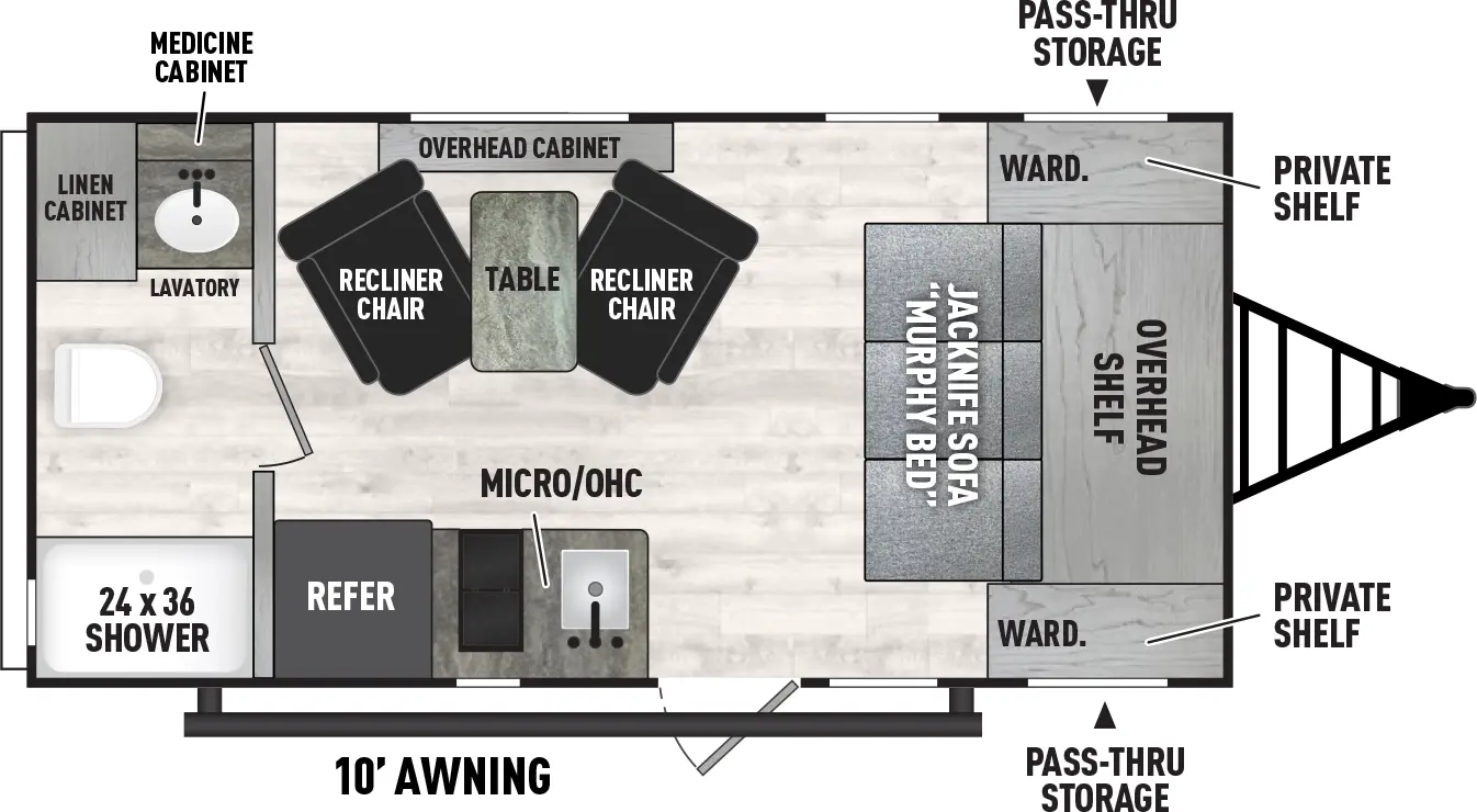 The 18FQ has zero slideouts and one entry. Exterior features front pass through storage, and 10 foot awning. Interior layout front to back: jacknife sofa murphy bed with overhead shelf, and wardrobes with private shelf on either side; off-door side recliner chairs with table and overhead cabinet; door side entry, kitchen counter with sink and cooktop, overhead cabinet and microwave, and refrigerator; rear full bathroom with medicine cabinet and linen closet.